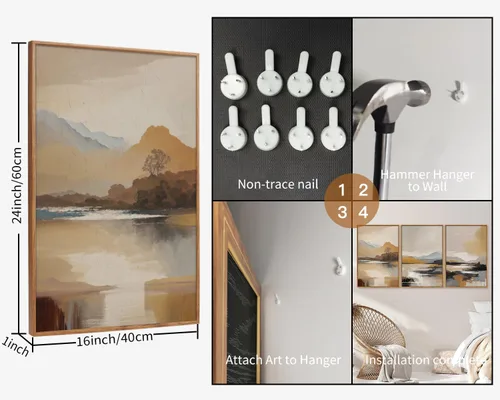 Vista 7 de Tinonedraw Arte de Pared en Lienzo Enmarcado de Paisaje de Montaña Beige, Decoración de Pared Moderna Abstracta de Mediados de Siglo, Arte de Lago