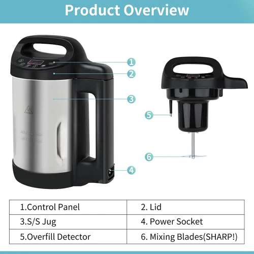 Vista 8 de Fabricante de sopa Potlimepan 1.6 L, Multifunción 4 en 1 y licuadora de sopa y batidos con panel de control inteligente, fabricante de sopa caliente