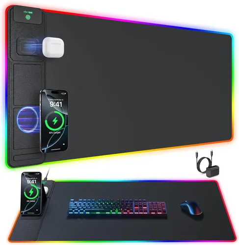 Vista 13 de Alfombrilla de mouse con soporte magnético de carga inalámbrica para teléfono, 31.5 x 15.8 pulgadas, grande, superficie lisa impermeable, base