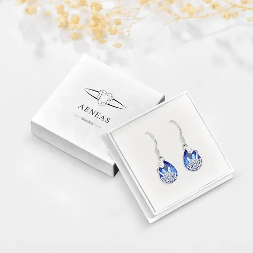 Vista 7 de Aretes de loto de plata de ley 925 con diseño de loto, aretes colgantes de loto azul zafiro, regalo de joyería para mujeres y niñas, Plata de ley