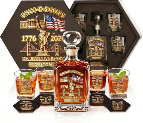 Vista 23 de Juego de decantadores de whisky personalizados para hombres, para el hogar, bar, decantadores de licor personalizados, caja de madera, vasos