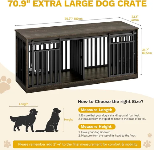 Vista 3 de DWVO Mueble de jaula doble para perros de 71" para 2 perros medianos, perrera doble de madera resistente soporte de TV con puertas correderas, mesa