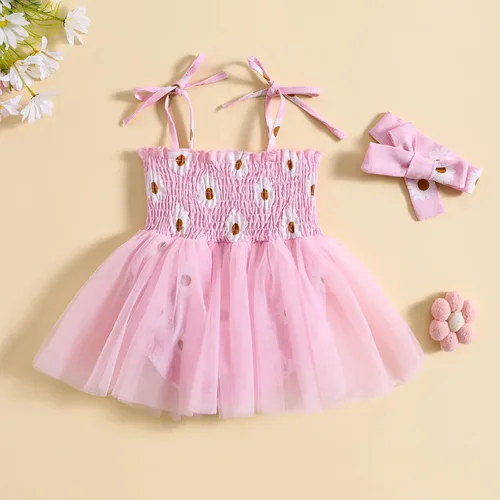 Vista 3 de Ropa de verano para bebé recién nacida, sin mangas, con estampado de margaritas, vestido de princesa con diadema