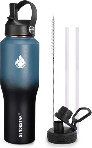 Vista 13 de SENDESTAR - Botella de agua de 0,9 L, 2 tapas (tapa con pajita), boca ancha de acero inoxidable aislada al vacío, doble pared, mantiene los líquidos