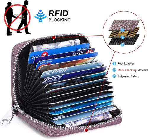 Vista 3 de GEEAD Tarjetero de cuero genuino RFID para mujeres y hombres con cremallera para tarjetas pequeñas carteras, Púrpura, Minimalista