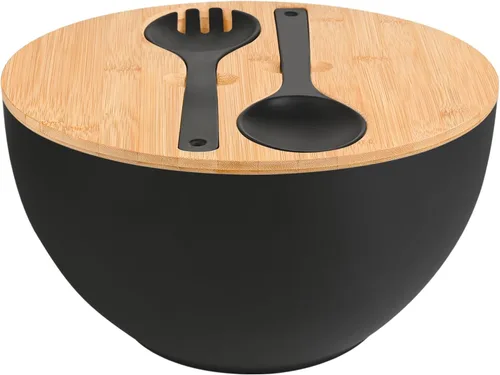 Vista 13 de LOVYANXUE - Juego de ensaladera de fibra de bambú con utensilios para servir de gran tamaño de 9.8 pulgadas, juego de mezcla de bambú natural