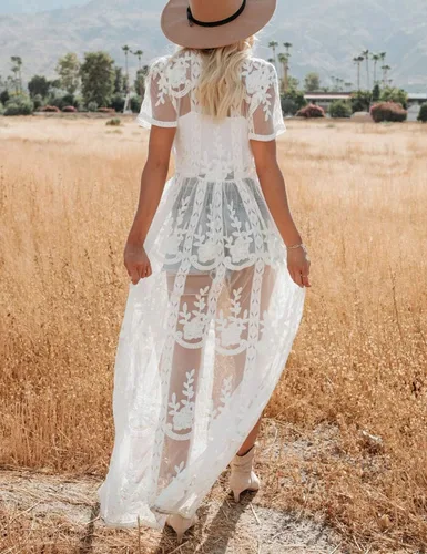 Vista 6 de Bsubseach Cárdigan tipo kimono de playa bordado de malla para mujer, Blanco