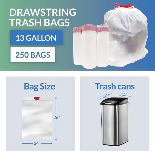 Vista 11 de Reli. Bolsas de basura con cordón de 13 galones 250 unidades a granel Bolsas de basura altas para cocina, color blanco, 13-16 galones