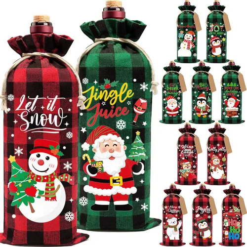 Vista 10 de Aoonby 12 piezas de bolsas de vino de arpillera, bolsas de regalo de vino de Navidad para botellas, regalos, bolsa de botella de Navidad con cordón