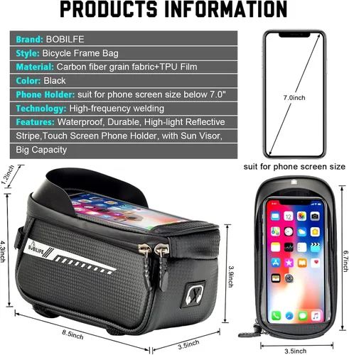 Vista 2 de Bolsa para marco de bicicleta con soporte para teléfono celular, bolsa de tubo frontal impermeable para bicicleta con funda de teléfono compatible