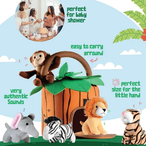 Vista 2 de Play22 Juego de 6 piezas de animales de la selva parlantes de felpa con transportador para niños, bebés y niños pequeños, elefante, tigre, león