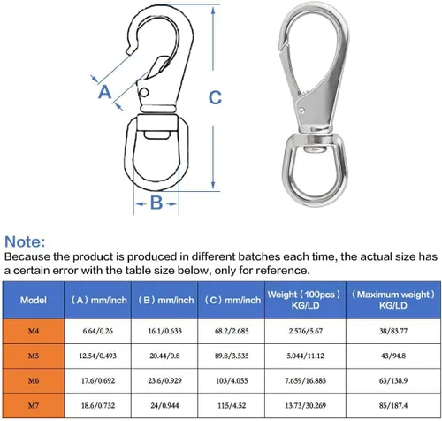 Vista 4 de Gancho giratorio de acero inoxidable M5 (1#) clips de buceo (3-1/2 x 1-1/4 pulgadas), hebilla de resorte para comederos de pájaros, cadenas