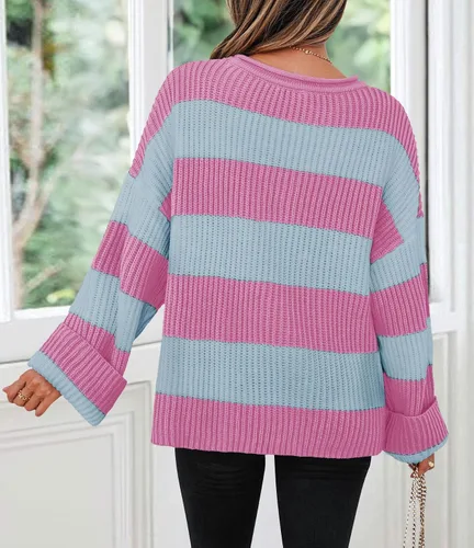 Vista 77 de ZESICA Suéter tejido sin botones de manga larga y cuello redondo, a rayas, bloques de color, cómodo, holgado, talla extragrande para mujer de 2024