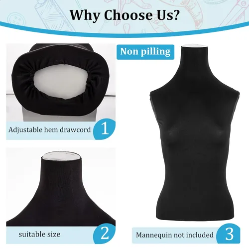 Vista 3 de Tudomro 2 piezas de cubierta de tela de maniquí negro cubierta de la forma de vestido femenino estiramiento maniquí cuerpo de tela para diseñador