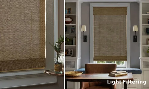 Vista 4 de LazBlinds - Cortinas romanas de bambú personalizadas sin cordón, tratamiento de ventana con filtro de luz, persianas enrollables de bambú retro
