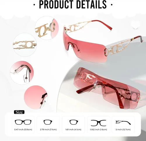 Vista 2 de YOGFIT Lentes de sol Y2K sin montura para mujeres y hombres, a la moda, envolventes, futuristas, geniales