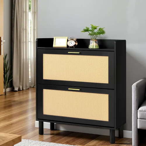 Vista 8 de Finnhomy Zapatero extendido con cajones abatibles de ratán natural para entrada, organizador de zapatos delgado de 2 niveles con tablero superior