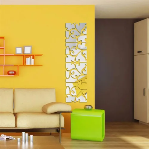 Vista 5 de Calcomanías de pared de espejo 3D, 4 piezas de calcomanías de pared de arte de cristal acrílico, autoadhesivas, espejo extraíble, azulejos de pared