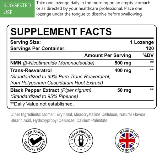 Vista 2 de Sublingual NMN 500mg + Trans-Resveratrol 400 mg, fórmula avanzada 3 en 1 99% puro NMN Resveratrol Suplemento para Boost* NAD, células, inmune