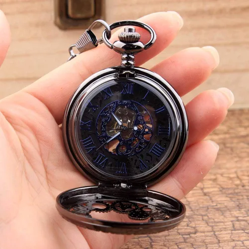 Vista 7 de Avaner Steampunk Retro Half Hunter Copper Gear Skeleton Hand Wind Mecánico Número romano árabe Pantalla analógica Reloj de bolsillo con cadena de 14