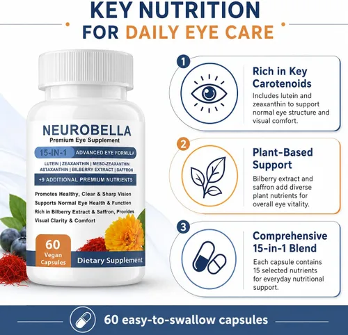Vista 2 de Neurobella Fórmula Avanzada 15 en 1 para Ojos Apoyo Nutricional, 60 Cápsulas Contiene carotenoides (luteína, zeaxantina, etc. ), extracto