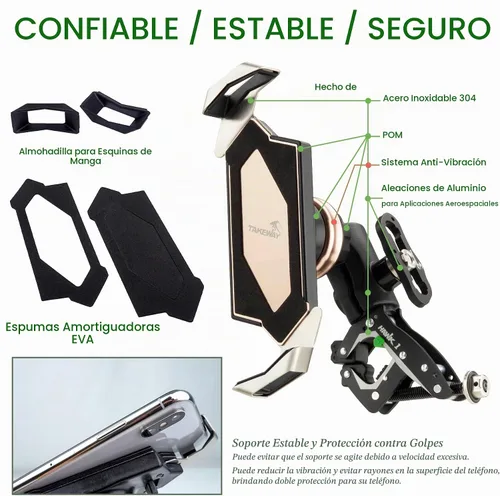 Vista 4 de Soporte para teléfono de motocicleta, soporte para teléfono móvil, base de abrazadera para manillar de motocicleta, ajustable, estable, brazo