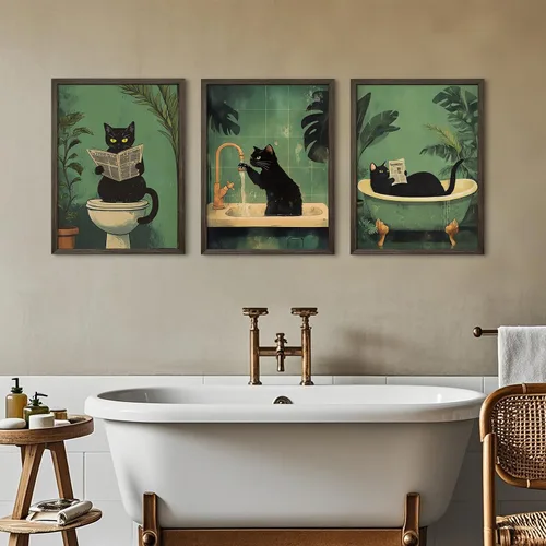 Vista 3 de Arte de pared de baño de gato, lienzo divertido para decoración de pared, imágenes de gato negro, impresiones lindas divertidas para baño, póster