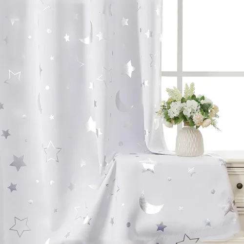 Vista 19 de WUBODTI Cortinas grises 100% opacas con diseño de estrellas para habitación de niños, 45 pulgadas de largo, juego de 2 paneles de cortinas