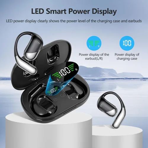Vista 3 de Auriculares inalámbricos de oreja abierta, auriculares Bluetooth 5.4, micrófono incorporado, IPX7 resistente al agua, estuche de carga con pantalla