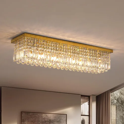 Vista 10 de 7PM Candelabro de cristal dorado moderno rectangular candelabros para comedor, lámpara colgante rectangular para isla de cocina y dormitorio, 31.5