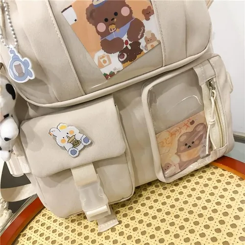 Vista 5 de Mochila Kawaii con alfileres Kawaii mochila escolar linda mochila estética linda mochila Kawaii para la escuela, Beige, With Accessories