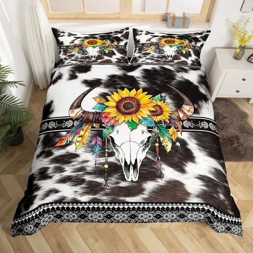 Vista 37 de Erosebridal Funda de edredón de piel de vaca marrón con estampado de vaca de las tierras altas, juego de ropa de cama occidental exótico azteca