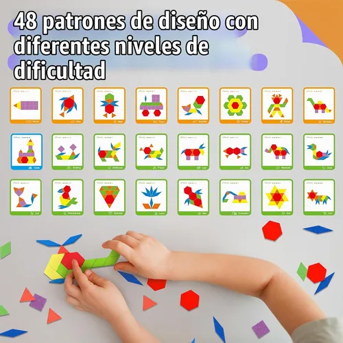 Vista 4 de 155 PIEZAS Juego de Bloques de Patrón de Madera, 24 Tarjetas de Diseño Doble Cara (48 Patrones) Rompecabezas de Forma Geométrica Divertido Tangram