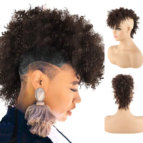 Vista 11 de KRSI Cola de caballo de pelo alto afro con flequillo, moño sintético rizado Mohawk Kinkys rizado cola de caballo con clip en colas de caballo