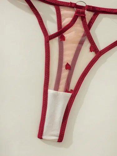 Vista 4 de WDIRARA Conjunto de lencería de malla con bordado de corazón para mujer con gargantilla y anillos para las piernas