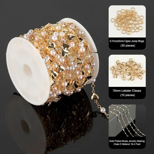 Vista 2 de YOUBEIYEE Cadena chapada en oro para hacer collares, pulseras, bricolaje, bola de corazón de latón, cadena de eslabones Rolo a granel con anillos