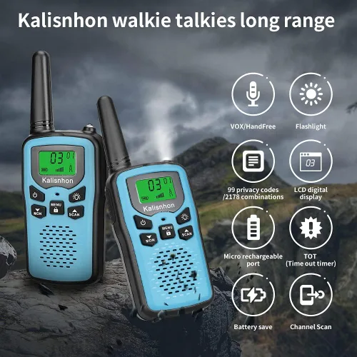 Vista 2 de Walkie Talkies para adultos, walkie talkies Kalisnhon con 22 canales FRS, walkie talkie de largo alcance con linterna VOX pantalla LCD radios