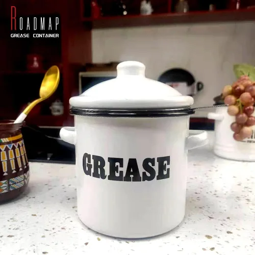 Vista 7 de Roadmap Recipiente de grasa de tocino esmaltado blanco de 1.5 L con colador, recipiente de grasa con patrón de letras, protector de grasa de tocino