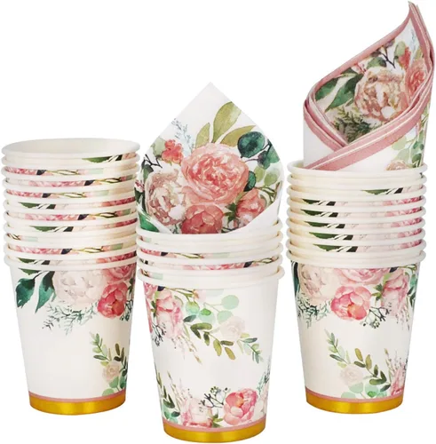 Vista 4 de Boosolo Suministros florales para fiestas, juegos de platos de papel y servilletas para 24 invitados, incluye platos de papel desechables florales