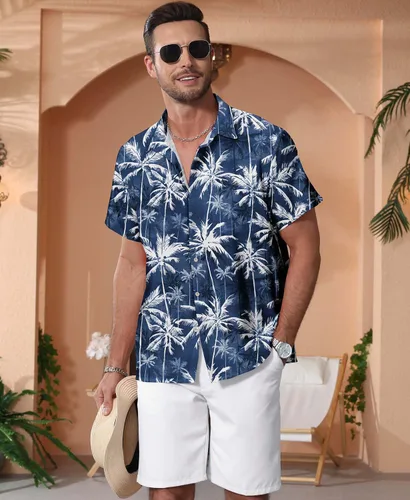 Vista 19 de KYKU - Camisa hawaiana funky para hombre, ropa tropical para vacaciones en Palm Beach