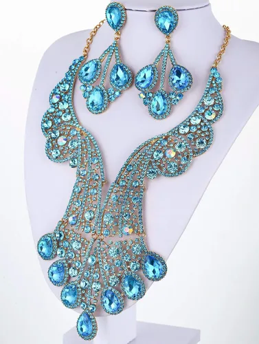 Vista 7 de Janefashions Peacock Feather Teal Austrian Rhinestone Crystal Statement Collar Pendientes Set Gargantilla Show Beauty Queen N820t, Cristal