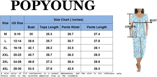 Vista 4 de POPYOUNG Conjunto de pijama casual de 2 piezas para mujer, con pantalones capri cómodos y bolsillos, ropa de dormir