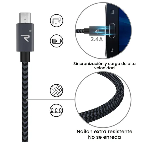 Vista 3 de RAMPOW - Cable micro USB [2 unidades/1 m] QC 3.0, cargador y sincronizador de carga rápida para Android, cables micro USB de nailon trenzado