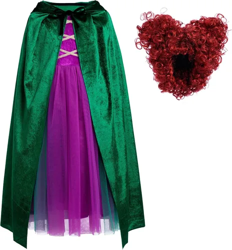 Vista 4 de FYMNSI Kids Girls Witch Costume Witch Sisters Dress Cape Cloak Wigs Halloween Cosplay Outfit Fancy Dress up Witch Dresses