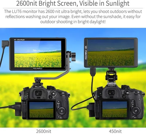 Vista 2 de FEELWORLD LUT6 6 pulgadas 2600nits HDR 3D LUT pantalla táctil DSLR Cámara Monitor de campo con forma de onda VectorScope histograma 4K entrada HDMI