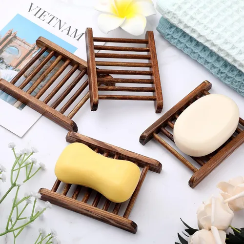 Vista 6 de Amyhill 100 paquetes de jabonera de bambú, bandeja rectangular para ducha Protector de madera con listones de drenaje, mantiene las barras secas