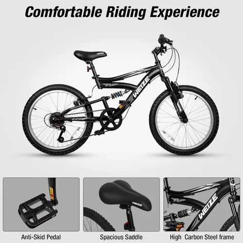 Vista 4 de Bicicleta de montaña para niños WEIZE, bicicletas de 20 y 24 pulgadas para niños de 6 a 14 años, para niños y niñas, con suspensión doble completa