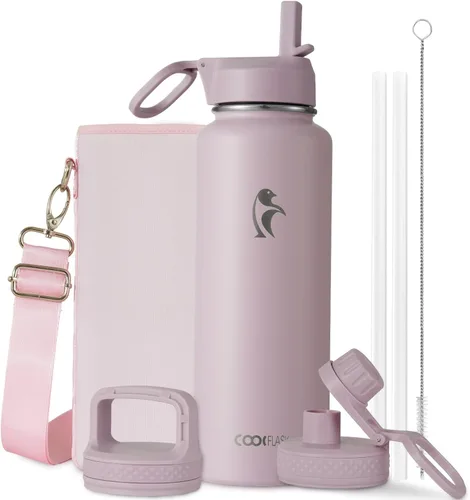 Vista 65 de Coolflask Botella de agua de 24 onzas aislada con pajilla, 3 tapas de metal de acero inoxidable, botella de agua de boca ancha para deportes u
