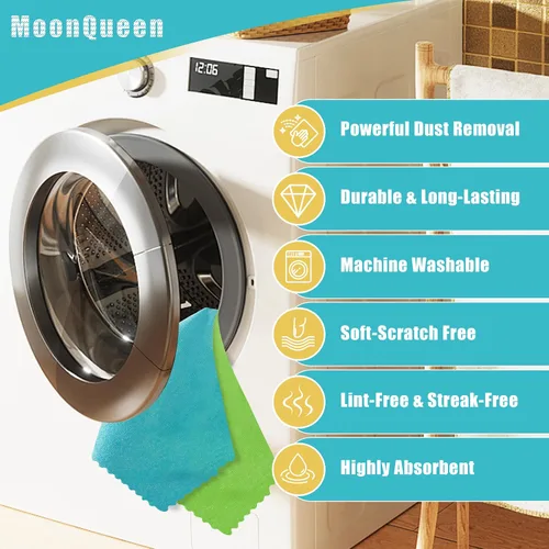 Vista 3 de MOONQUEEN Paquete de 12 paños de limpieza de microfibra, trapo de limpieza reutilizable, toallas de limpieza de secado rápido, 12 x 12 pulgadas