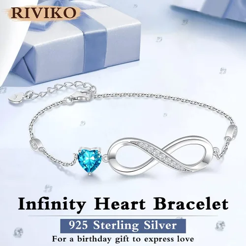 Vista 3 de RIVIKO Pulsera con dije de símbolo de corazón de amor infinito para mujer, plata de ley 925, ajustable, cumpleaños, día de San Valentín, Navidad